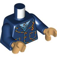 Lego Torso, Jacket, Pockets, Medium Azure/Orange Trim, Sweater, White Shirt print, Dark Blue Arms, Warm Tan Hands / Dark Blue