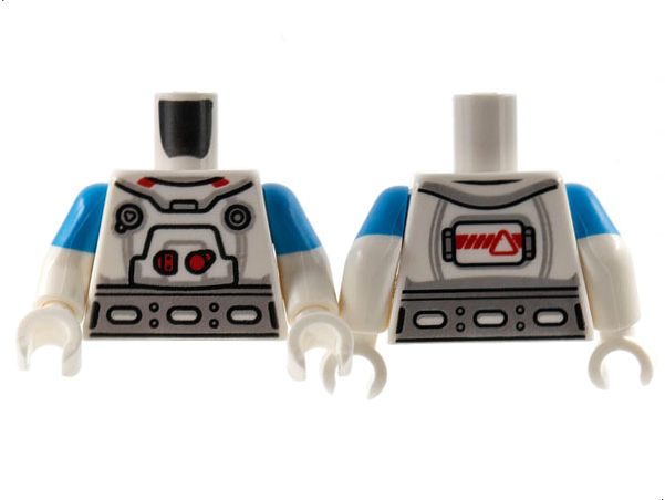 Lego Torso Spacesuit, Red Trim, Wide Silver Belt Pattern / White Arms with Molded Dark Azure Short Sleeves Pattern / White Hands