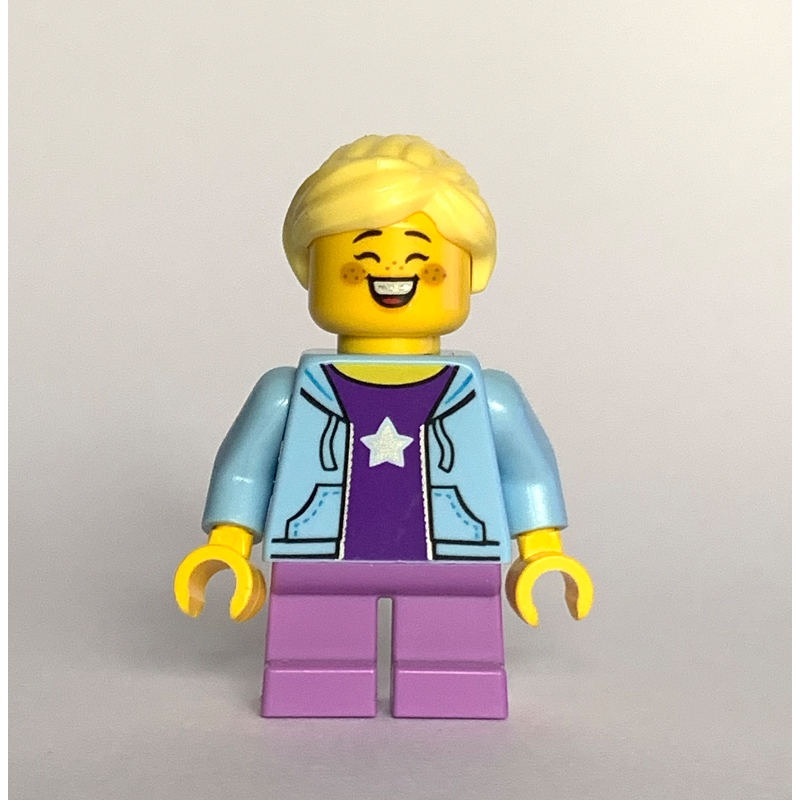 Lego Kid, Bright Light Blue Torso, Medium Lavender Legs, Bright Light Yellow Hair