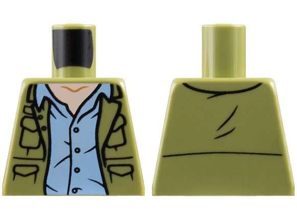 Lego Torso Jacket Open with Pockets over Bright Light Blue Button Up Shirt, Light Nougat Neck Pattern / Olive Green