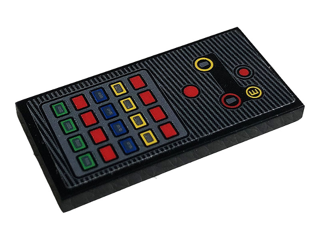 Lego Tile 2 x 4 with Control Panel with Yellow Letter E and Blue, Green, Red and Yellow Buttons Pattern (Sticker) - Set 42096 / Black