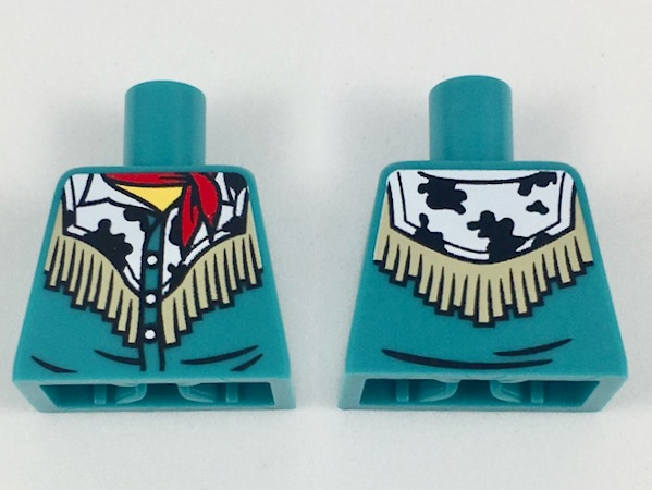 Lego Torso Western Shirt with White Cowhide Top, Tan Fringe, Red Bandana Pattern / Dark Turquoise