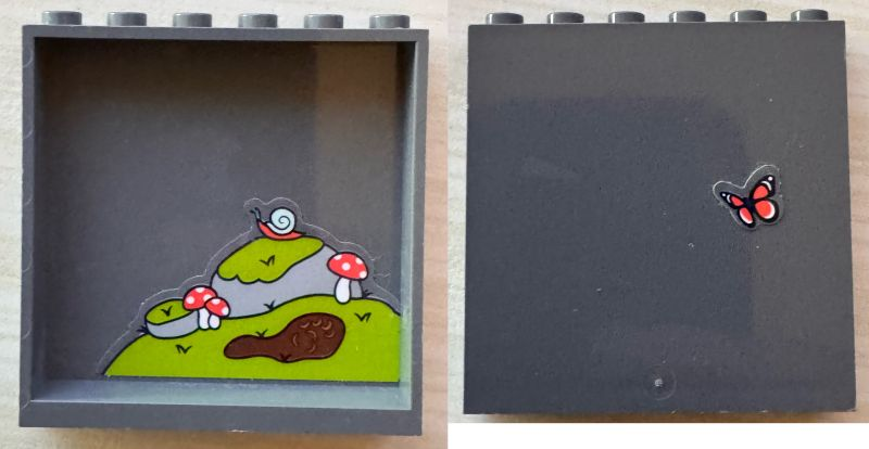 Lego Panel 1 x 6 x 5 with Coral Butterfly on Outside and Light Bluish Gray Rocks, Lime Moss, Reddish Brown Mud Puddle with Paw Print, Coral and White Mushrooms / Toadstools and Snail with Light Aqua Shell on Inside Pattern (Stickers) - Set 41423