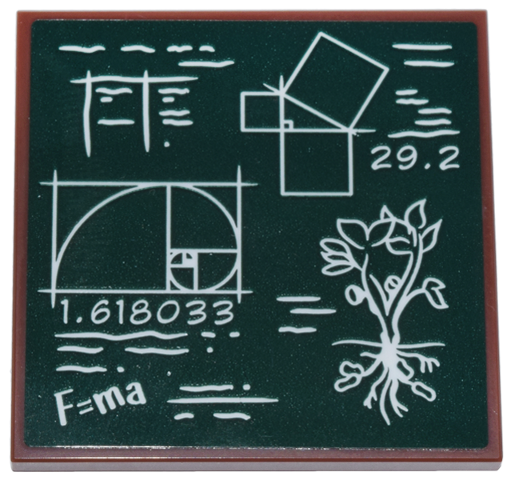 Lego Tile 4 x 4 with Dark Green Blackboard, White Text, Charts, Geometry Diagram, Golden Ratio, Plant and '29.2' '1.618033' 'F=ma' Pattern (Sticker) - Set 21355