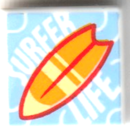 Lego Tile 1 x 1 with Orange/Red Surf Board, 'SURFER LIFE' on Medium Blue Background Print / White