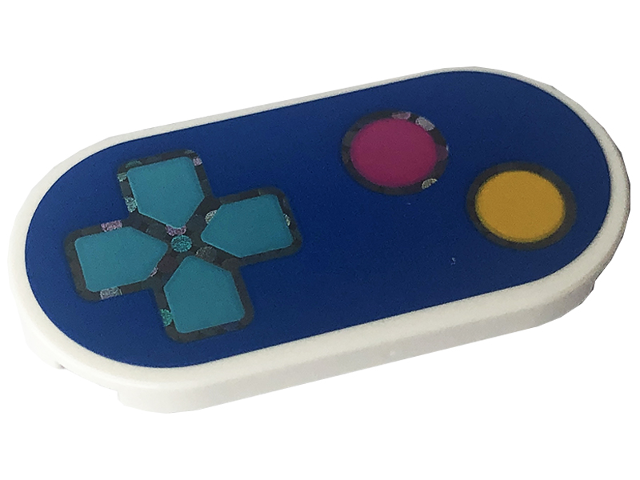 Lego Tile, Round 2 x 4 Oval with Yellow and Dark Pink Buttons, Medium Azure Directional Pad on Blue Game Controller Pattern (Sticker) - Set 41708 / White