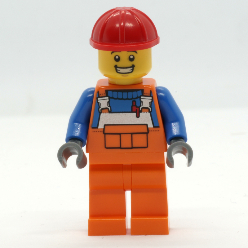 Lego Construction Worker - Orange Overall, Red Helmet, Smile