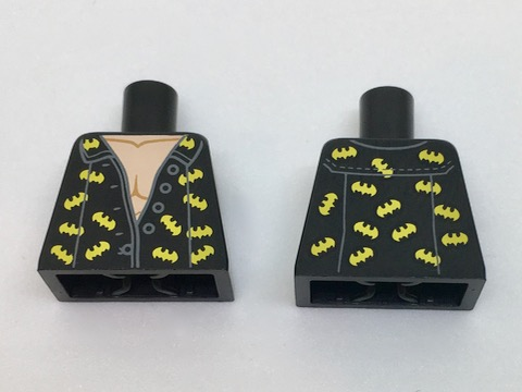 Lego Torso Batman Open Shirt with Dark Bluish Gray Buttons, Trim and Yellow Bats Pattern / Black