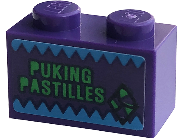 Lego Brick 1 x 2 with 'PUKING PASTILLES' Pattern (Sticker) - Set 76422 / Dark Purple
