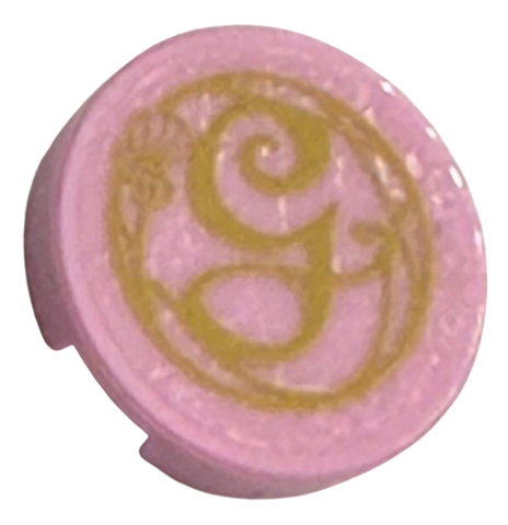 Lego Tile, Round 2 x 2 with Bottom Stud Holder with Gold Script Capital Letter G (Glinda) and Flower on Transparent Background Pattern (Sticker) - Set 75691