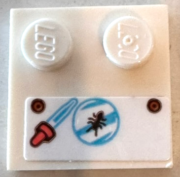 Lego Tile, Modified 2 x 2 with Studs on Edge with Coral and Medium Azure Pipette Dropper and Ant on Petri Dish Pattern (Sticker) - Set 41717 / White