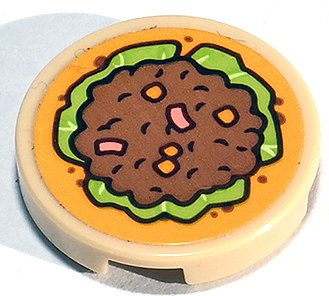 Lego Tile, Round 2 x 2 with Bottom Stud Holder with Taco with Lettuce, Meat and Vegetables Pattern (Sticker) - Set 41747 / Tan