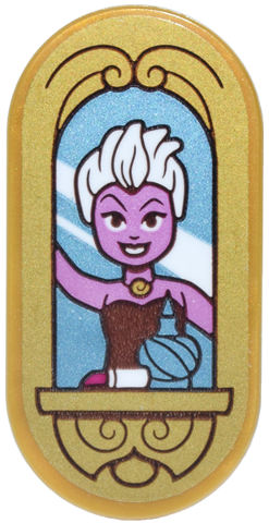 Lego Tile, Round 2 x 4 Oval with Metallic Light Blue Mirror, White Reflections, Ursula, Ornate Shelf, Perfume, and Magenta Lipstick Pattern (Sticker) - Set 43299 / Pearl Gold
