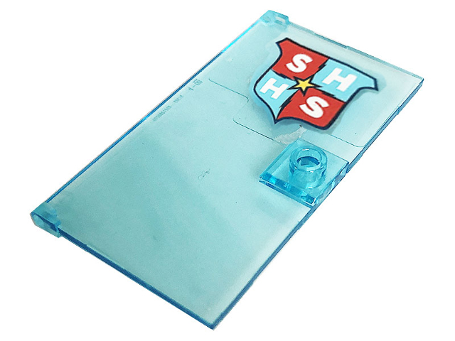 Lego Door 1 x 4 x 6 with Stud Handle with Bright Light Orange Star, Medium Azure and Red 'SHHS' Shield (Super Hero High School) Pattern (Sticker) - Set 41232
