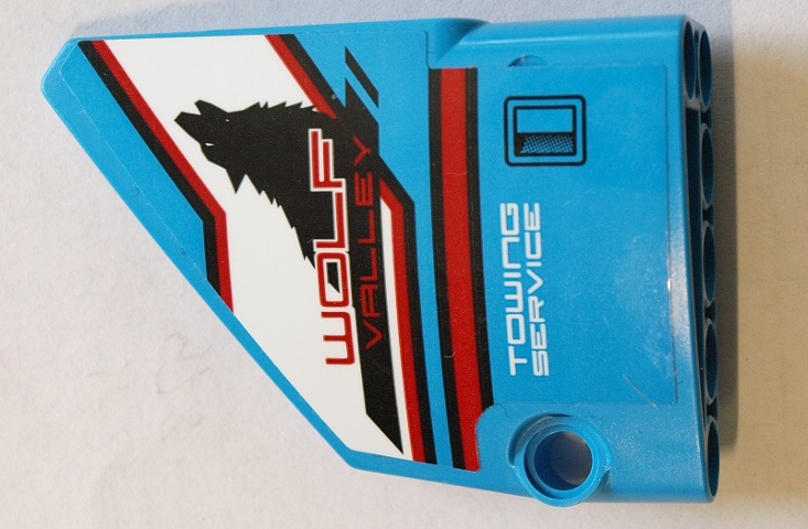 Lego Technic, Panel Fairing #13 Large Short Smooth, Side A with 'WOLF VALLEY' and 'TOWING SERVICE' Pattern (Sticker) - Set 42070 / Dark Azure