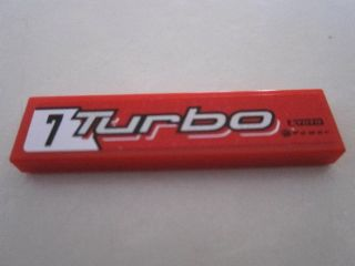 Lego Tile 1 x 4 with '7 Turbo'  and 'KYOTO POWER' on Red Background Pattern Model Left Side (Sticker) - Set 8495 / Red