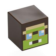 Lego Minifig Head Special, Cube with Pixelated Lime Face, Bright Light Blue Eyes, Tan Forhead Print / Dark Brown