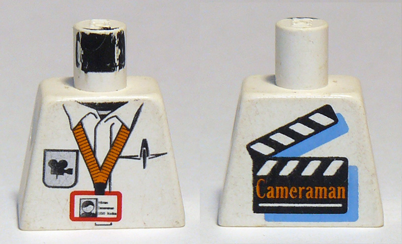 Lego Torso Studios Cameraman ID, Logo, Pen, Film Slate on Back Pattern / White