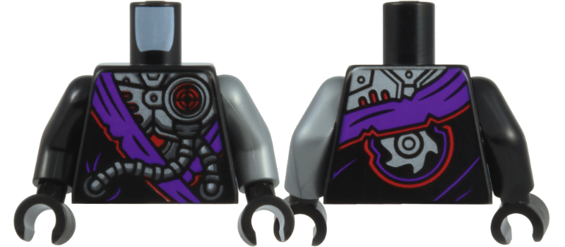 Lego Torso Robe with Dark Purple Hem and Silver Robot Armor, Hoses and Red Circle on Left, Saw Blade on Back Pattern / Flat Silver Arm Left / Black Arm Right / Black Hands