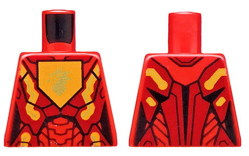 Lego Torso Nexo Knights Female Armor with Orange and Gold Circuitry and Gold Dragon Head on Orange Pentagonal Shield Pattern / Red