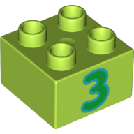 Lego Duplo Brick 2 x 2 with '3' Print / Lime