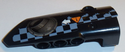 Lego Technic, Panel Fairing # 4 Small Smooth Long, Side B with Exhaust Port, White Arrow, Orange Caution Sign, Gray Checkered Pattern (Sticker) - Set 42002 / Black