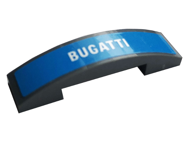 Lego Slope, Curved 4 x 1 x 2/3 Double with White 'BUGATTI' Pattern (Sticker) - Set 42083 / Dark Bluish Gray
