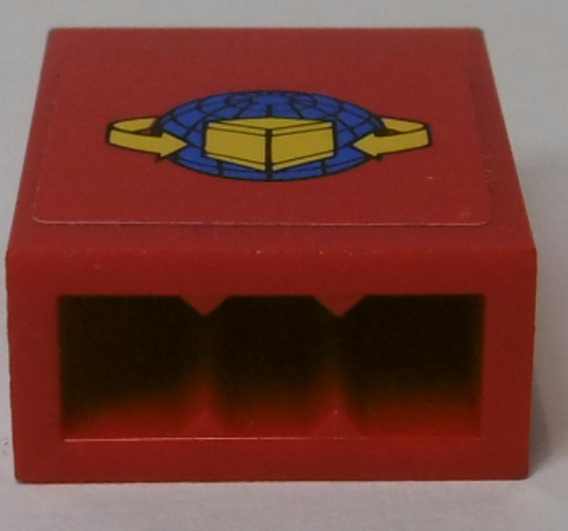Lego Brick 1 x 2 x 2 with Inside Stud Holder with Box and Arrows and Globe on Red Background Pattern (Sticker) - Set 7939 / Red