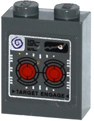 Lego Brick 1 x 2 x 2 with Inside Stud Holder with Red Targets, Dark Purple Spiral, and Black 'TARGET ENGAGE' Pattern (Sticker) - Set 70168