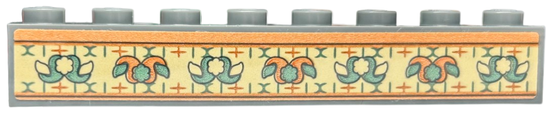 Lego Brick 1 x 8 with Wallpaper, Orange and Sand Green Floral Shapes and Ornamental Geometric Border on Tan Background Pattern (Sticker) - Set 40579 / Dark Bluish Gray