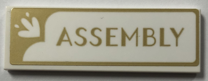 Lego Tile 2 x 6 with Gold 'ASSEMBLY' Pattern (Sticker) - Set 41714 / White