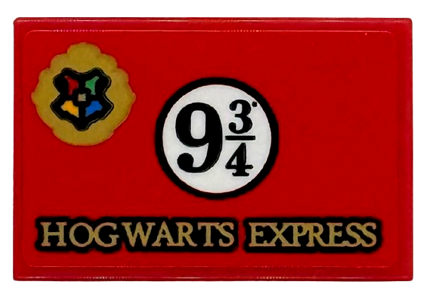 Lego Tile 2 x 3 with Gold Hogwarts Crest and 'HOGWARTS EXPRESS', Black '9 3/4' in White Circle Pattern (Sticker) - Set 76450