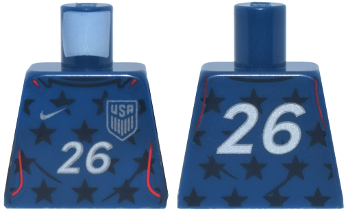 Lego Torso Soccer / Football Jersey, Black Stars and Red Trim, White Number 26 and Silver USA Badge Pattern