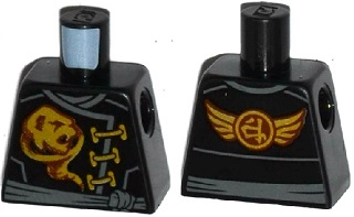 Lego Torso Ninjago Robe Gold Ghost Emblem, Dark Bluish Gray Sash, Ninjago Logogram 'Earth' and Wings on Back Pattern / Black