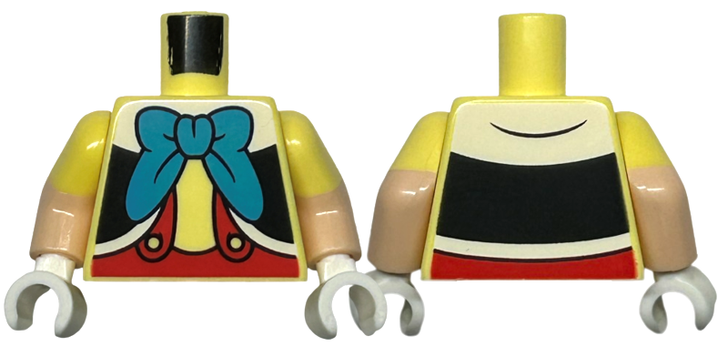Lego Torso Black and White Vest, Dark Azure Bow, Red Pants with Suspenders Pattern / Light Nougat Arms with Molded Bright Light Yellow Sleeves Pattern / White Hands