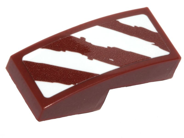 Lego Slope, Curved 2 x 1 x 2/3 with 4 Rugged White Diagonal Stripes on Reddish Brown Background Pattern Model Left Side (Sticker) - Set 75254 / Reddish Brown