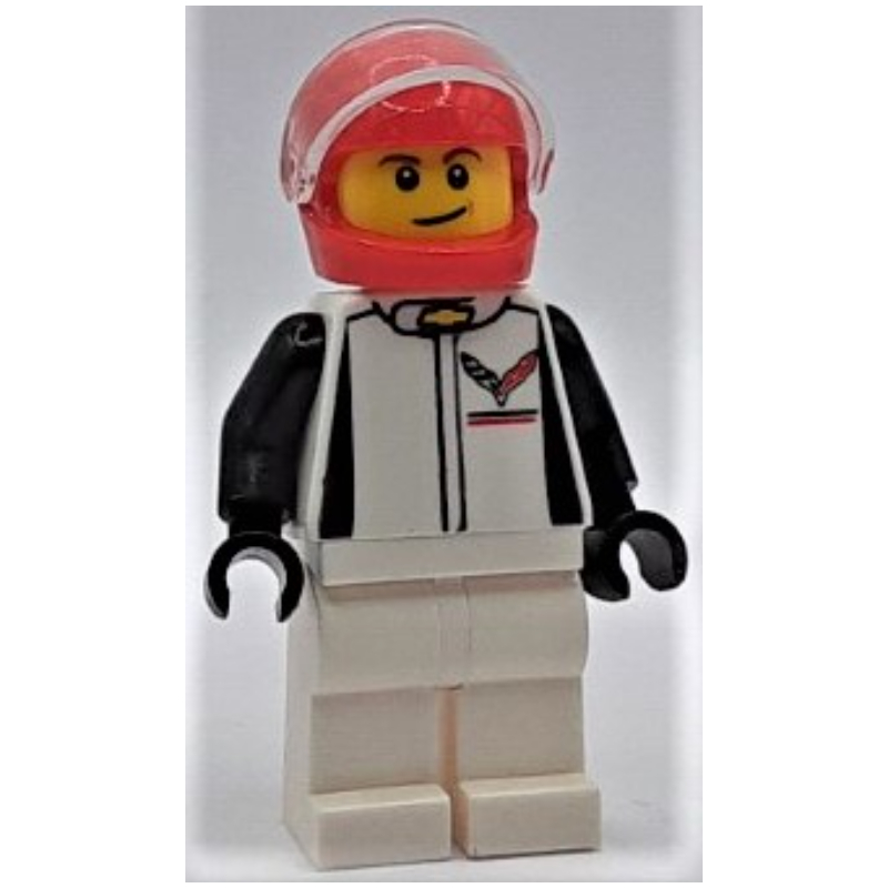 Lego Race Driver, White Torso, White Legs, Red Helmet, Chevrolet
