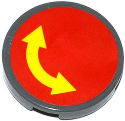Lego Tile, Round 2 x 2 with Bottom Stud Holder with Yellow Curved Arrow Double on Red Background Pattern (Sticker) - Sets 60076 / 60166 / Dark Bluish Gray