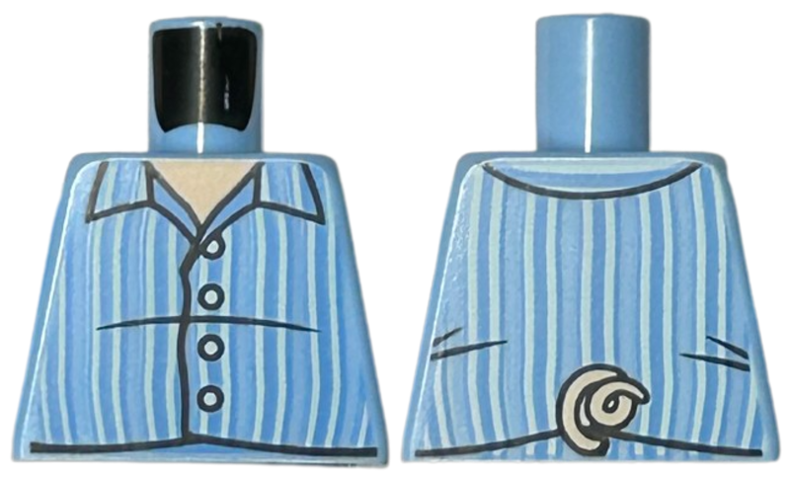 Lego Torso Pajama Shirt with Open Collar, Buttons, and Light Aqua Vertical Stripes, Light Nougat Neck, Curled Tail on Back Pattern / Bright Light Blue