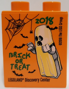 Lego Duplo, Brick 1 x 2 x 2 with 2018 Brick or Treat LEGOLAND Discovery Center Pattern / Orange