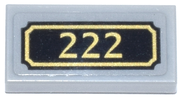 Lego Tile 1 x 2 with Black and Gold Address Plaque '222' Pattern (Sticker) - Set 10351 / Light Bluish Gray