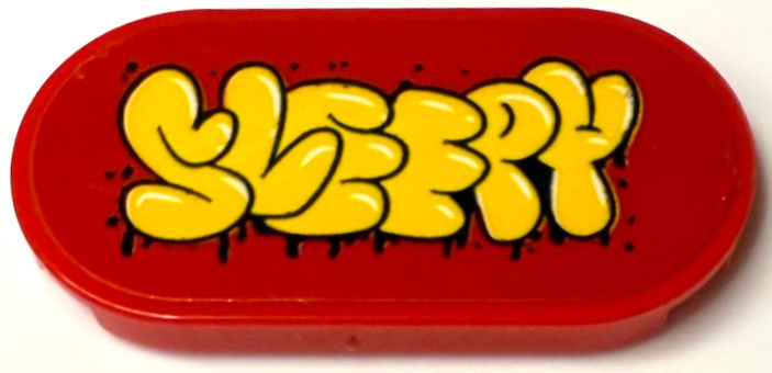 Lego Tile, Round 2 x 4 Oval with Yellow and Black 'SLEEPY' Graffiti Pattern (Sticker) - Set 71461