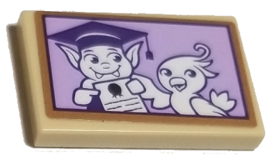 Lego Tile 2 x 3 with White Bird and Bat with Graduation Mortarboard Holding a Diploma on Lavender Background Pattern (Sticker) - Set 41193