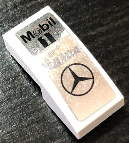 Lego Slope, Curved 2 x 1 x 2/3 with Black Mobil 1 and Mercedes-Benz Logo on Silver Mirrored Background Pattern (Sticker) - Set 75911 / Light Bluish Gray