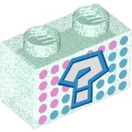 Lego Brick 1 x 2 without Bottom Tube with Dark Azure '?', Dark Pink/Dark Turquoise Dots print / Opal Trans-Light Blue