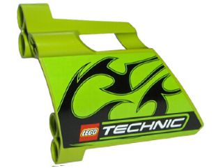 Lego Technic, Panel Fairing #23 Large Short, Small Hole, Side B with Black Flames and LEGO TECHNIC Logo Pattern (Sticker) - Set 8291 / Lime