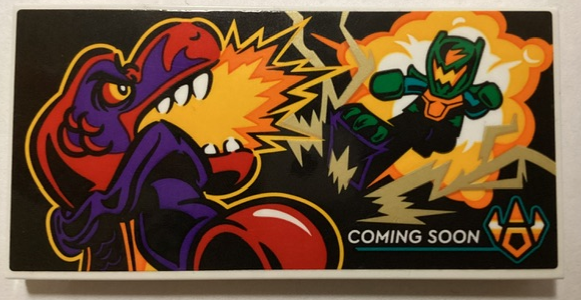 Lego Tile, Modified 4 x 8 Inverted with Studs on Edges with Action Movie Billboard Poster with 'COMING SOON' and Minifigures Pattern (Sticker) - Set 60380 / White