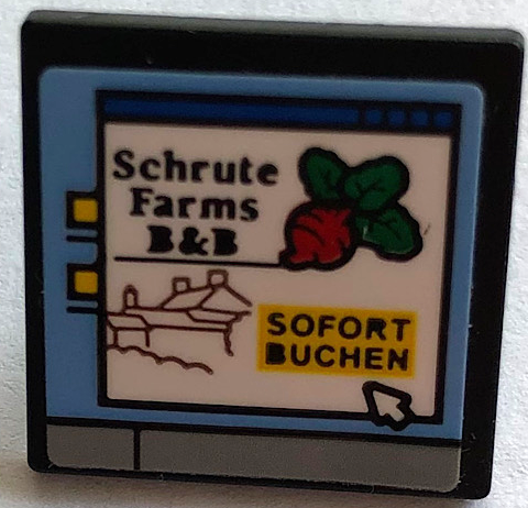 Lego Road Sign 2 x 2 Square with Open O Clip with Computer Screen, 'Schrute Farms B&B', 'SOFORT BUCHEN' and Mouse Cursor Pattern (Sticker) - Set 21336