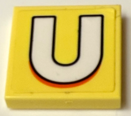 Lego Tile 2 x 2 with White Capital Letter U with Black Outline and Orange Shadow Pattern (Sticker) - Set 21339