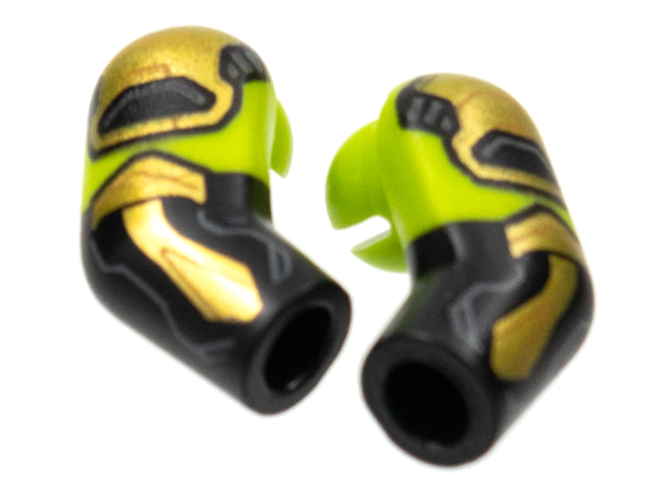 Lego Arm, (Matching Left and Right) Pair with Lime Short Sleeves, Gold Armor Pattern / Black